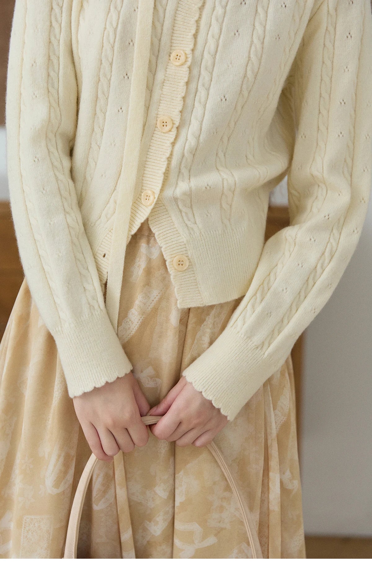 Mishow Beige Cable Knit Square Neck Cardigan MXF11Z2903
