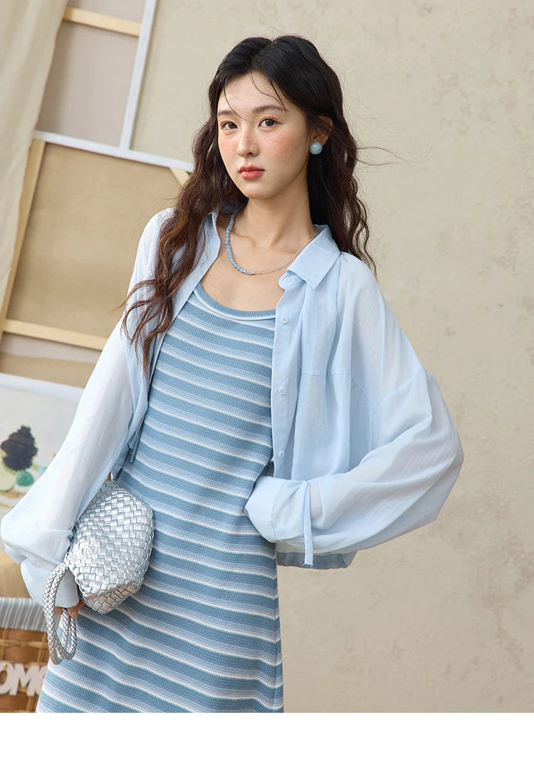 Mishow Blue Striped Camisole Dress & Lyocell Shirt Set MXE34L2285