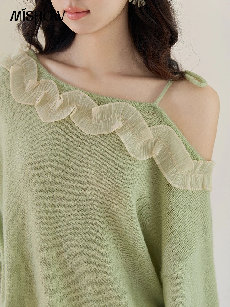 Mishow Light Green Asymmetrical Exposed Shoulder Top MXF108Z1027