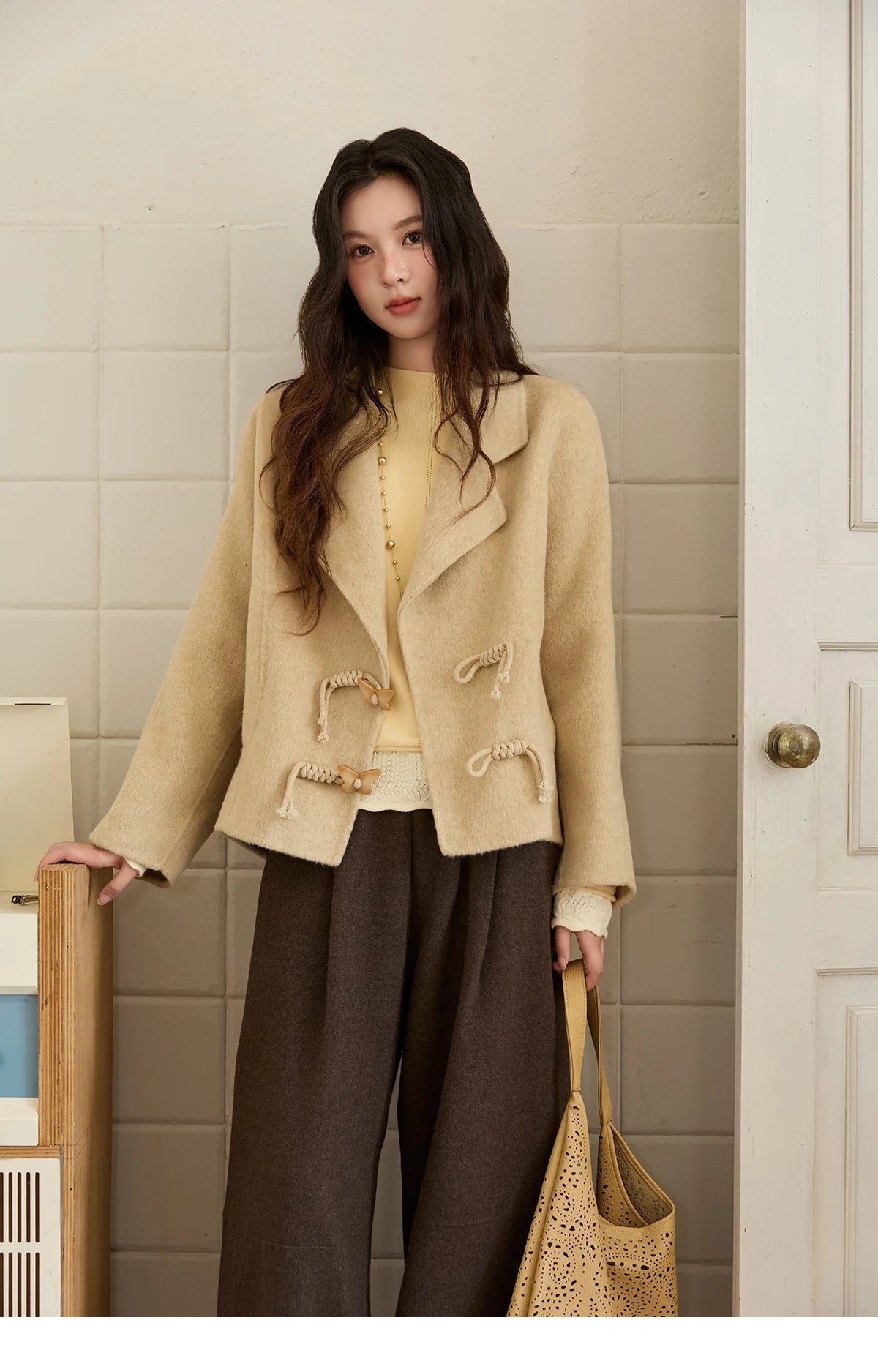 Mishow 100% Wool Retro Apricot Double-Faced Butterfly Button Coat MXE51W0887