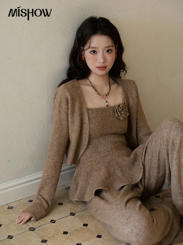 Mishow Khaki Knitted Three-Dimensional Floral Camisole Cardigan & Wide Leg Pants Three-Piece Set MXE87T1449