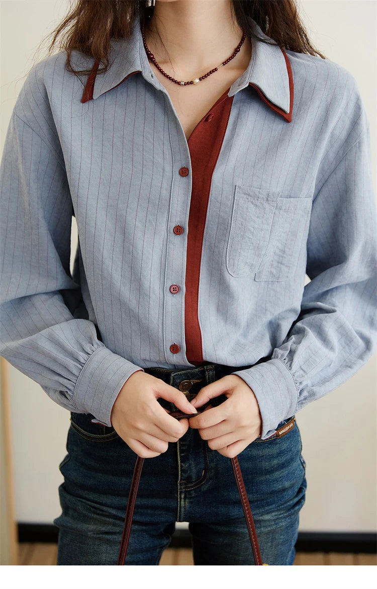 MISHOW Blue Red Striped Shirt Contrast Splicing Lapel MXE46C2405