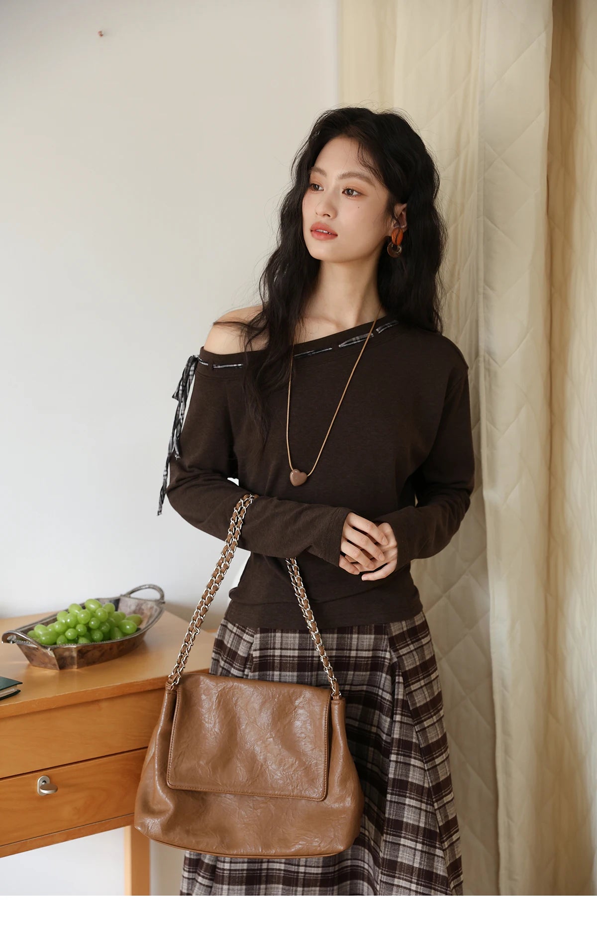 Mishow Slant Shoulder Dark Brown Strap Knit Top MXE45T1402