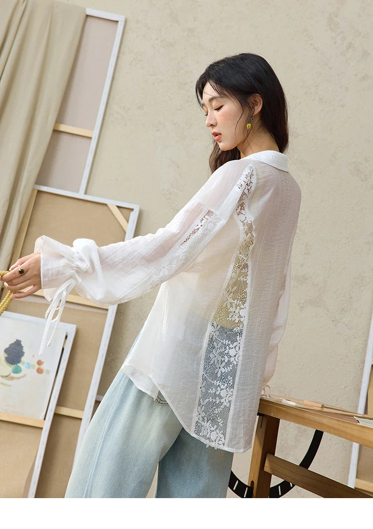 MISHOW Women's Patchwork Lace Shirt Lapel Drop Sleeve Drawstring Cuffs MXE31C0789
