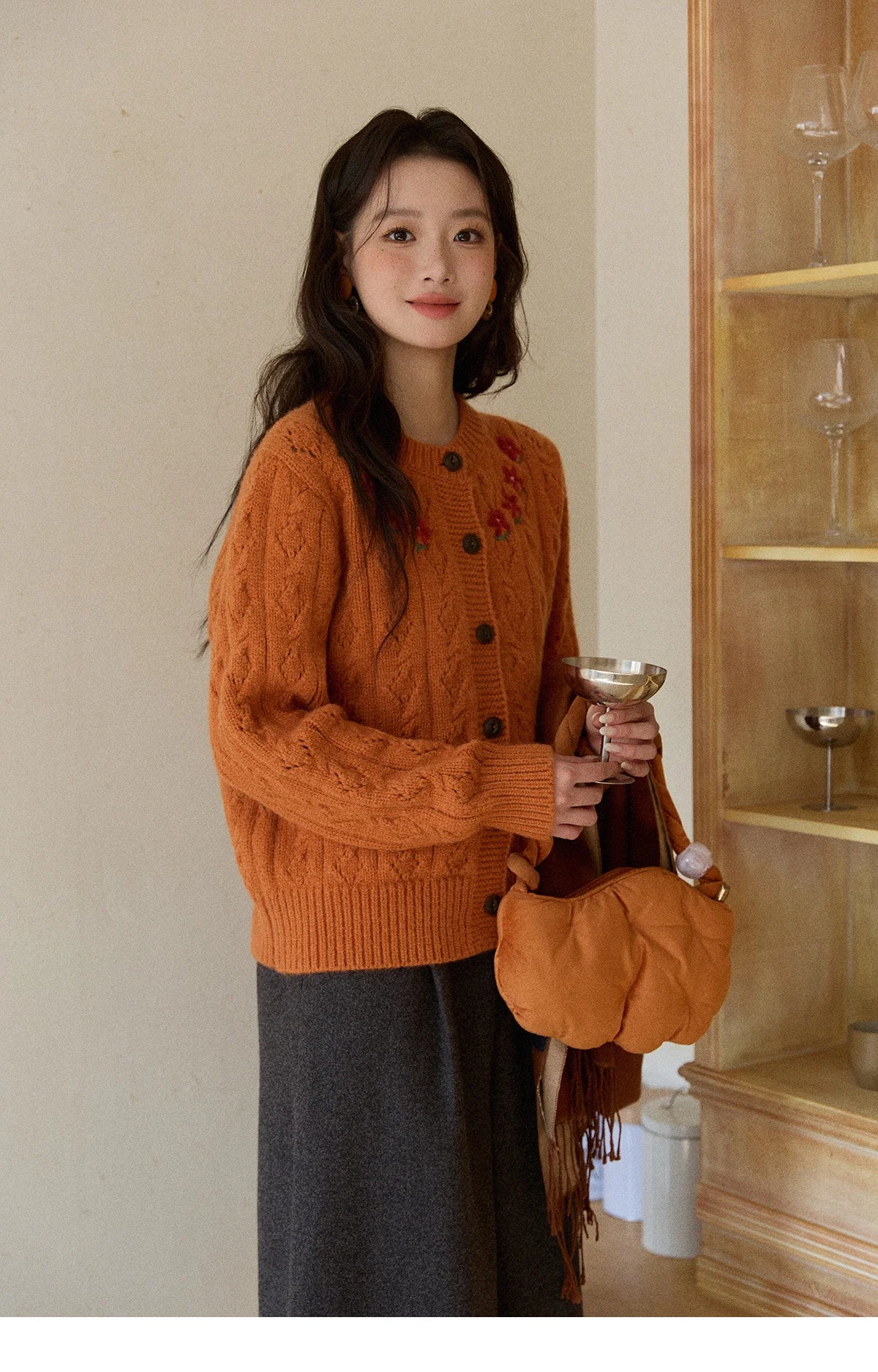 Mishow Orange Cable Knit Floral Embroidery Cardigan MXE86Z2737