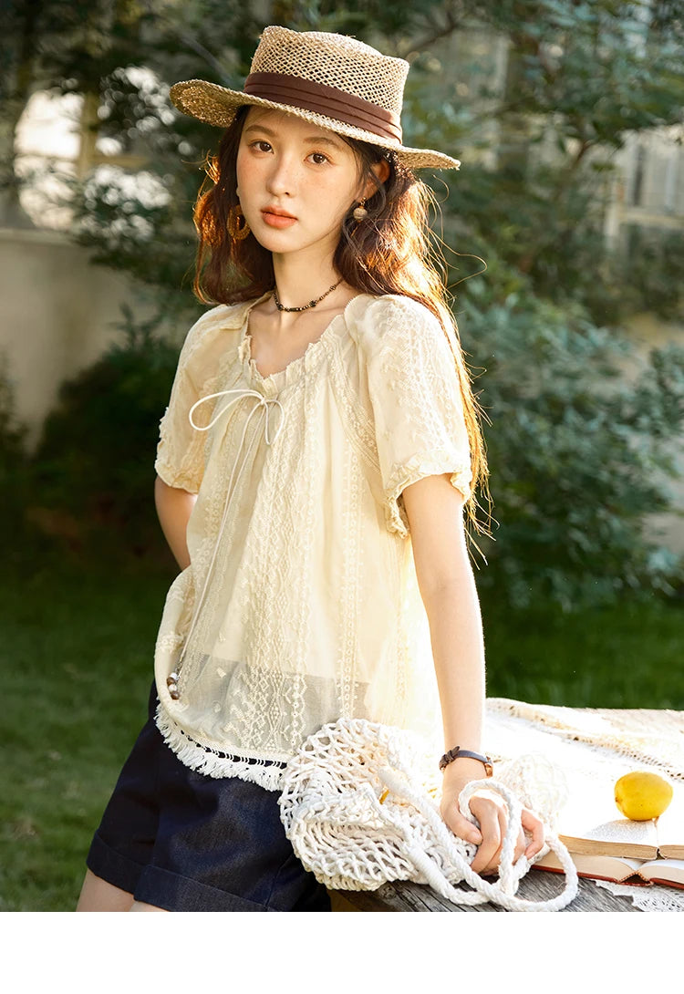MISHOW Embroidered Jacquard Blouse O-Neck Lace Up MXE37X1861
