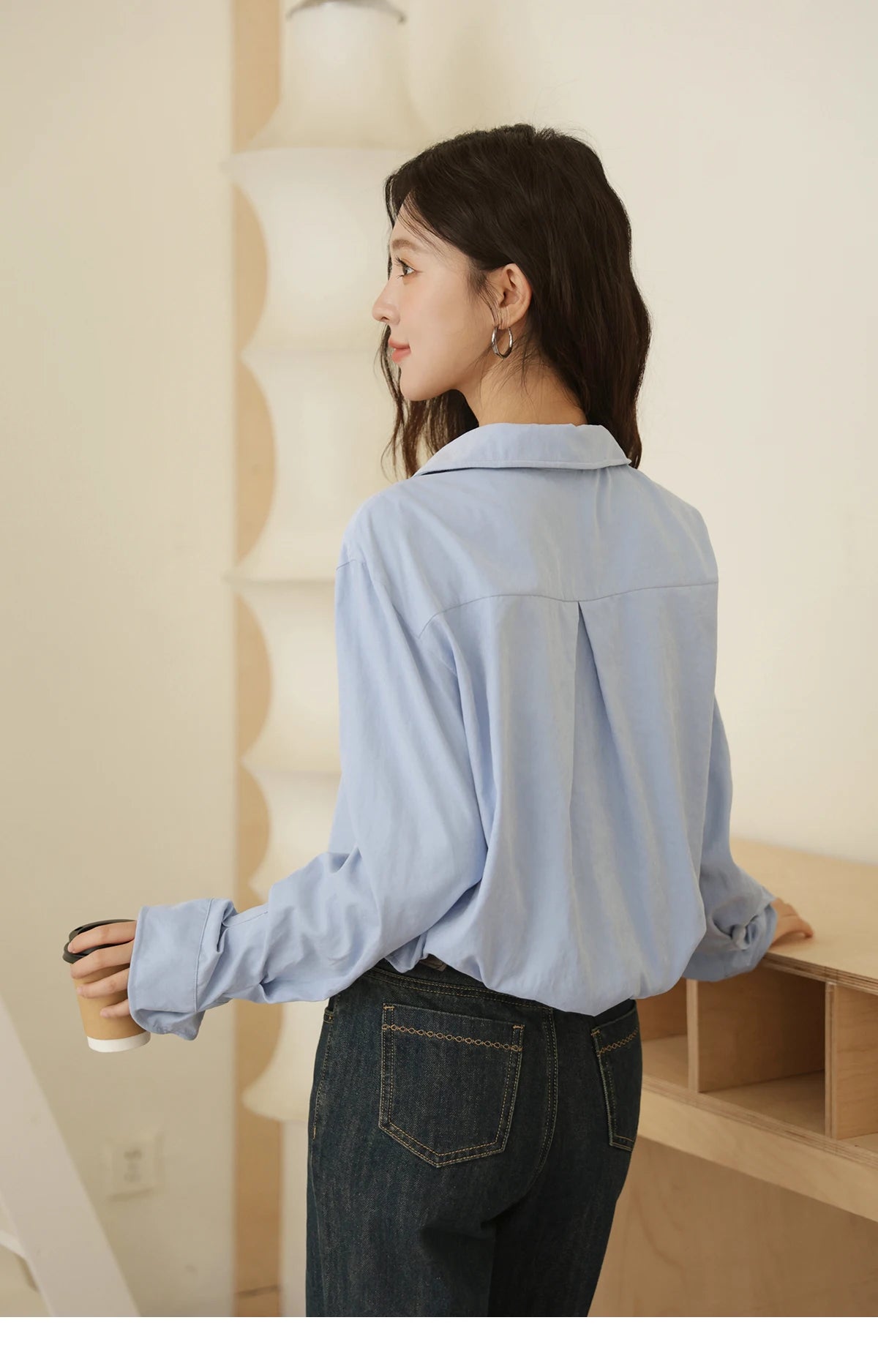 MISHOW Blue Peach Skin Velvet Shirt Lapel V-Neck Pleated Cuffs MXE44C2392