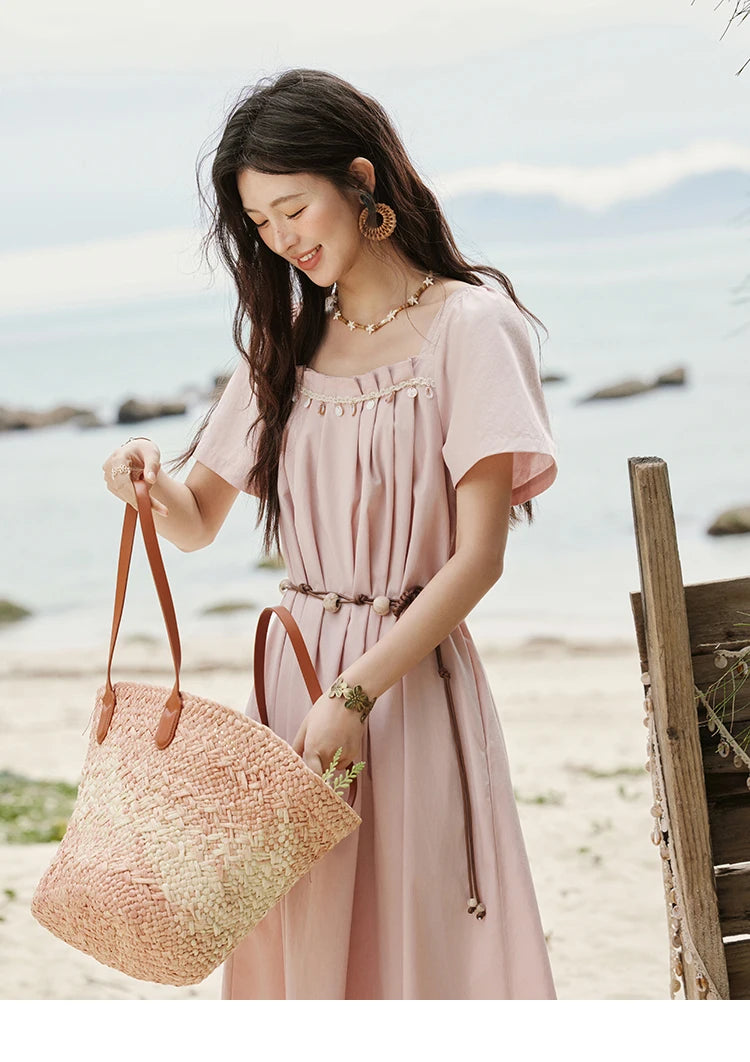 Mishow Bohemian Pink Square Collar Belt Dress MXE33L2158