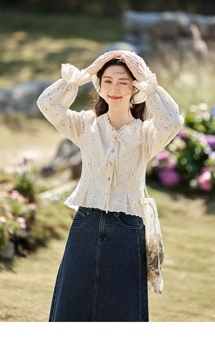 MISHOW Women's 100% Cotton Lace Shirt V-Neck Waist Elastic Cuffs MXE12X1710