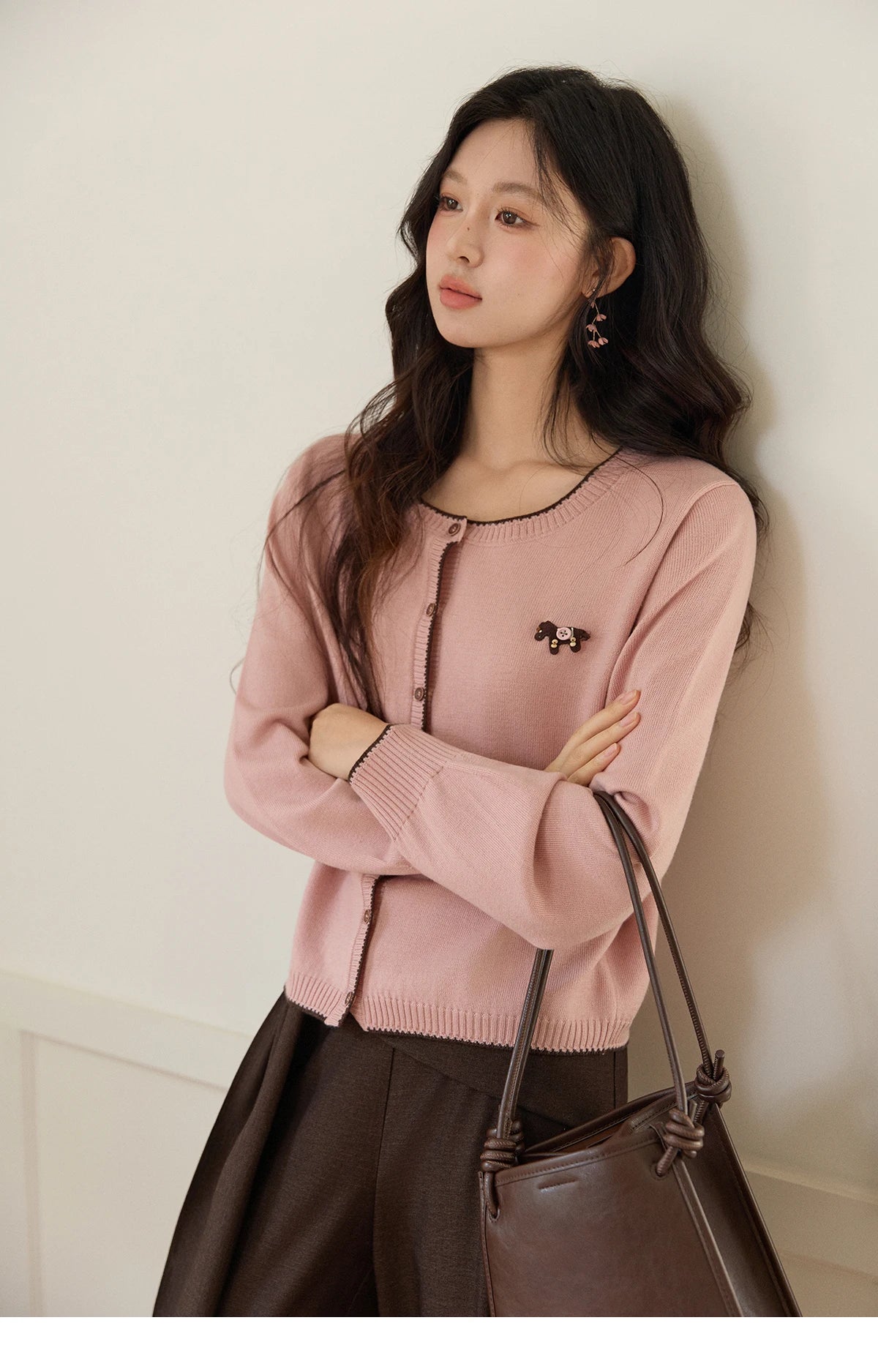 Mishow Pink Contrast Trim Pony Decoration Cardigan MXF108Z1023