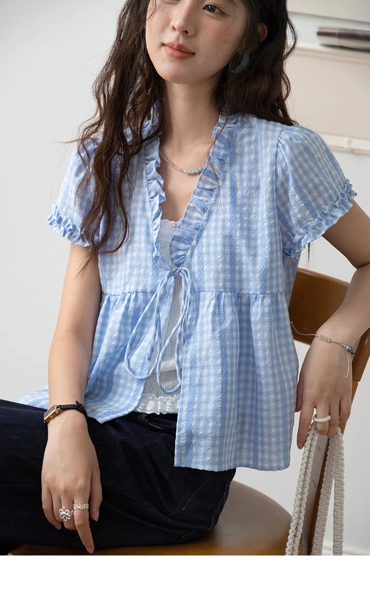 MISHOW Plaid Blue Fake Two Piece Blouse Puff Sleeve V-Neck Lace Up MXE37X1901