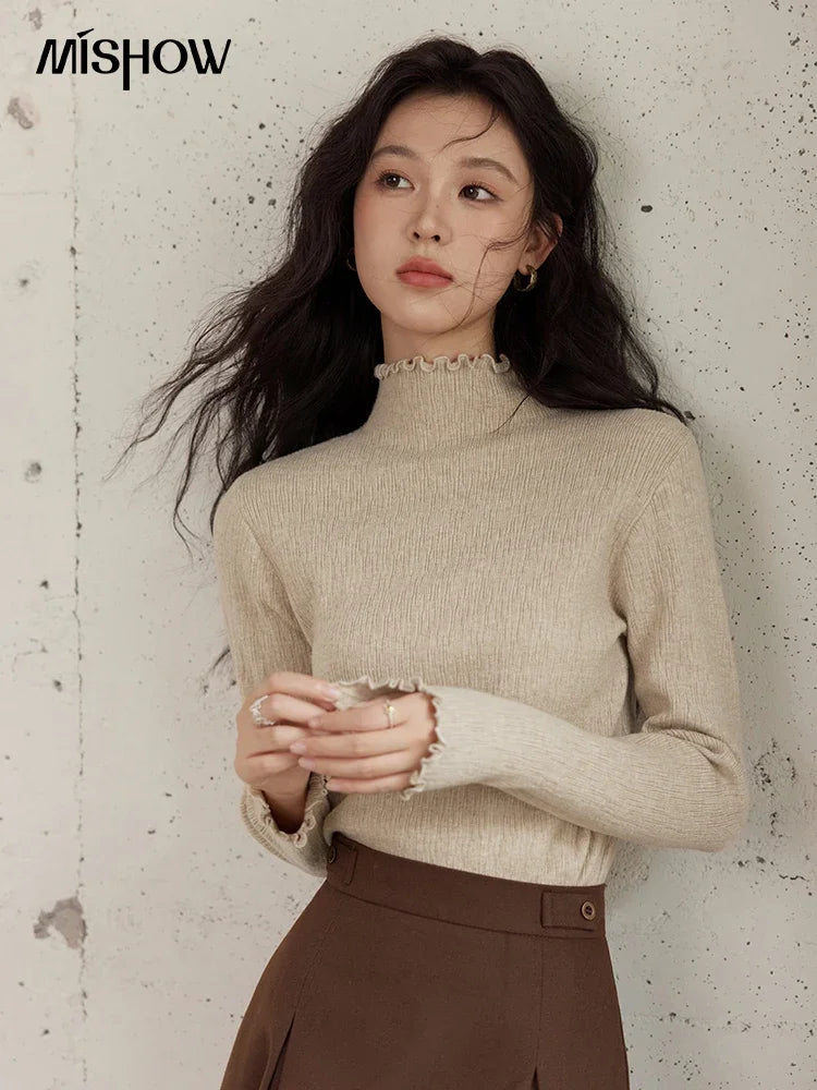 Mishow Ruffled Edge High Collar Slim Knit Top MXD48Z0850