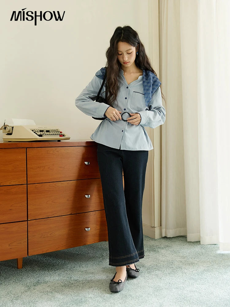 MISHOW Haze Blue Velvet Shirt Contrast Color Waist Sash MXE47X2497