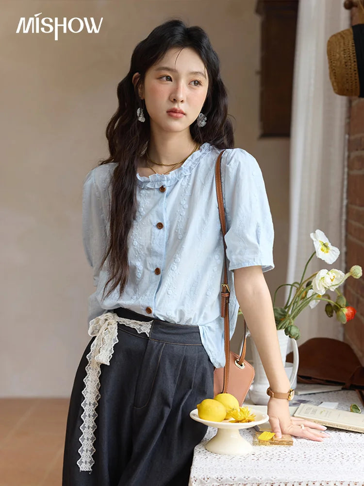 MISHOW 100% Cotton Puff Sleeve Shirt Round Neck Button MXE36X1873