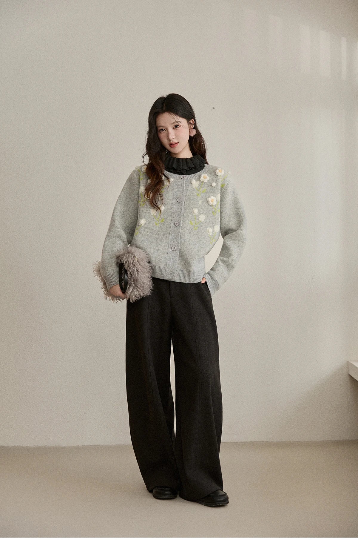Mishow Gray Flower Embroidery Round Collar Cardigan MXE91Z2836