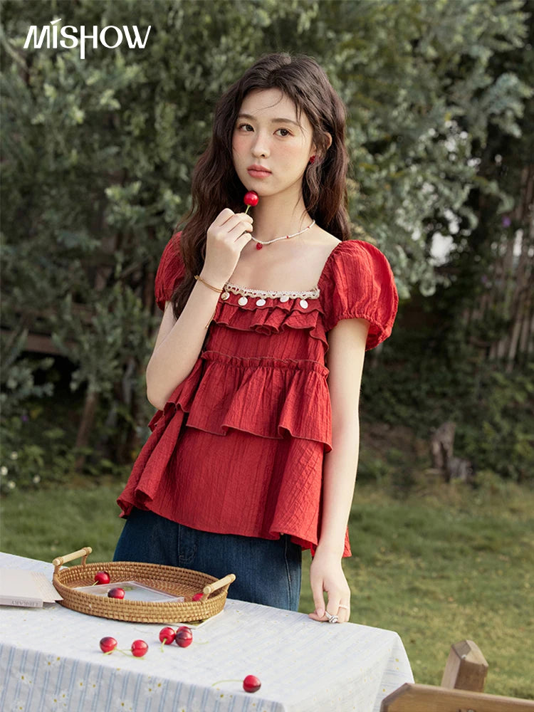 MISHOW French Square Collar Blouse Cake Ribbon Short Sleeve MXE33X1763