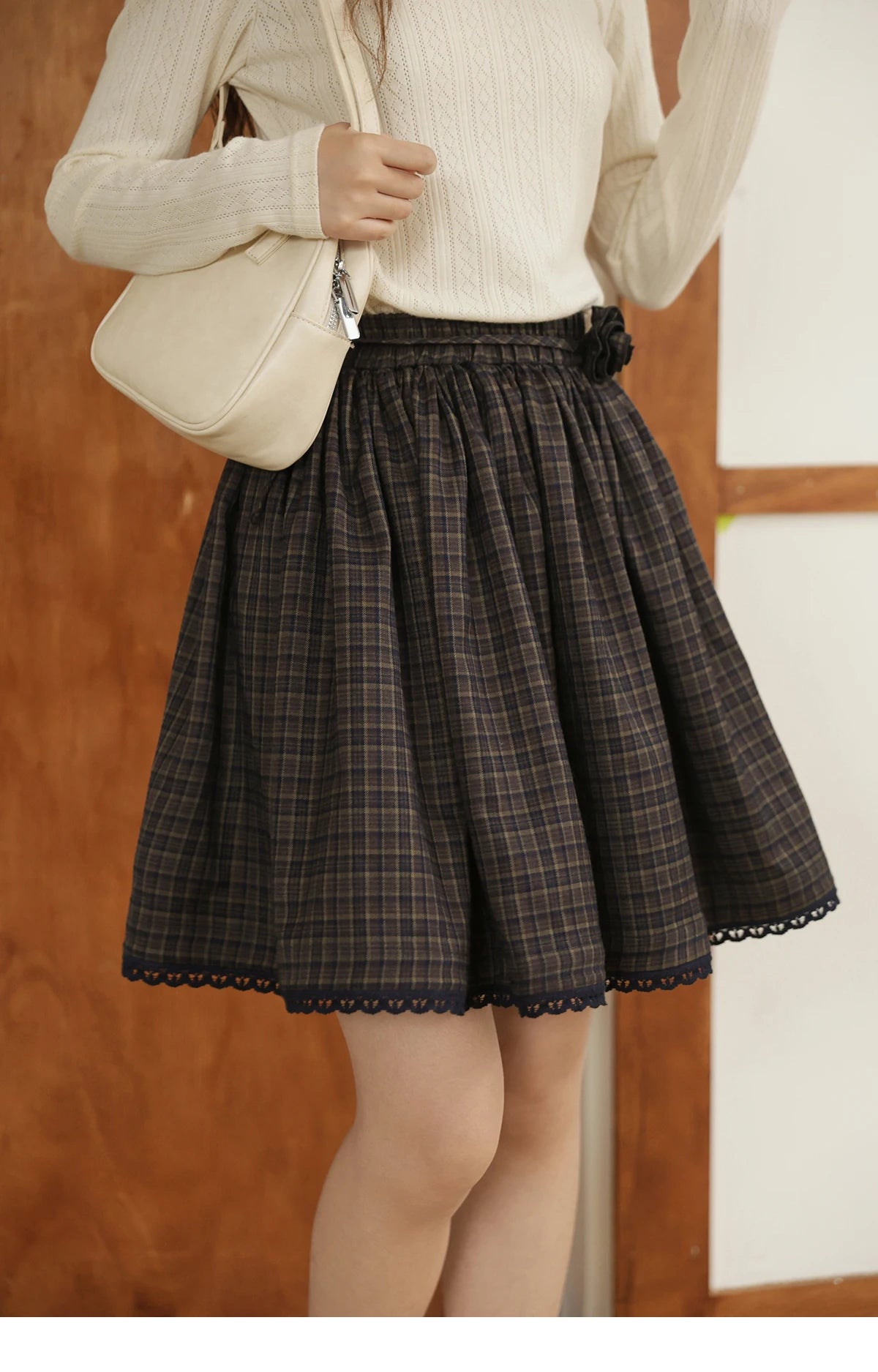Mishow Green Plaid Handmade Flower Lace Skirt MXE44B2407
