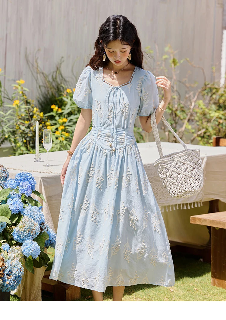 Mishow Blue Square Neck Bubble Sleeve Cotton Dress MXE35L2234