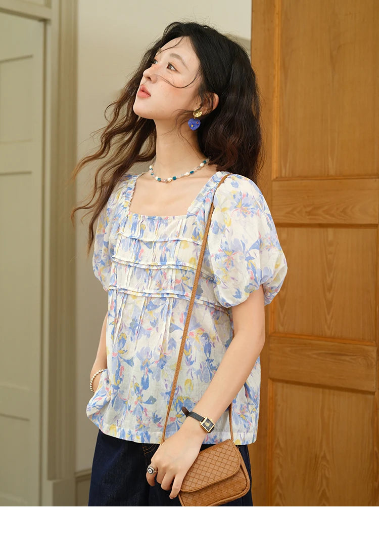 MISHOW Square Neck Puff Sleeve Blouse Print Top MXE39X1937