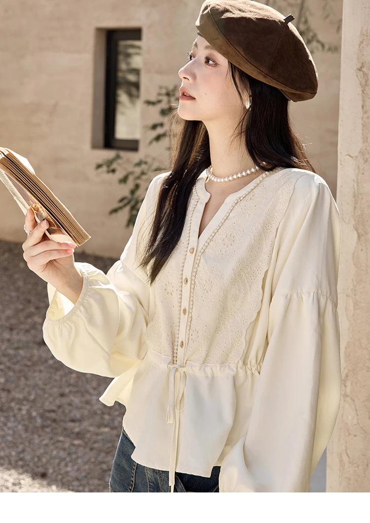 MISHOW French V-Neck Blouse Lace Lantern Sleeve Drawstring Waist MXD45X1660
