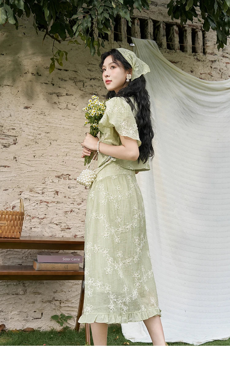 Mishow Chinese Green Stand Collar Top & Selvedge Skirt Set MXD22X1388