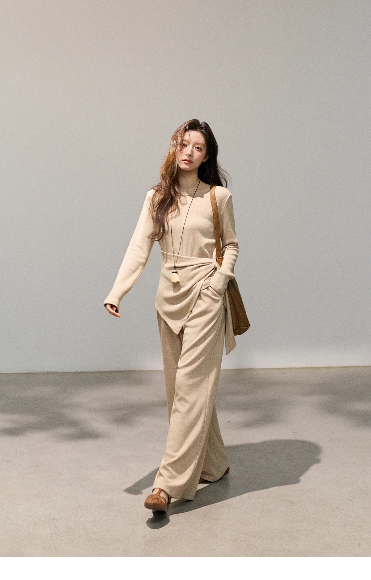 Mishow Khaki Asymmetrical Hem Top & Wide Leg Pants Set MXF11T1465