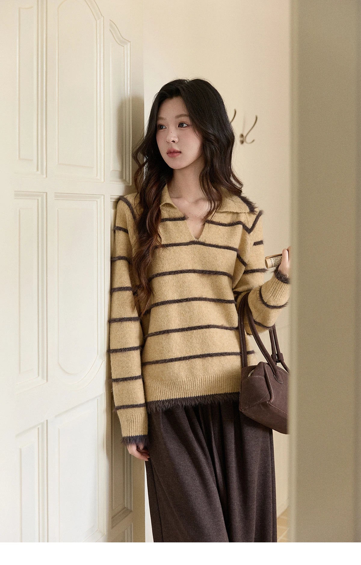 Mishow Faux Mink Fur Striped Lapel Tassel Sweater MXE93Z2945