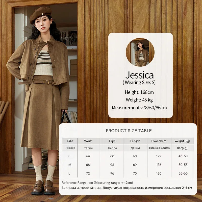 Mishow Retro Suede Stand Collar Jacket & Pleated Skirt Set MXD44W0423