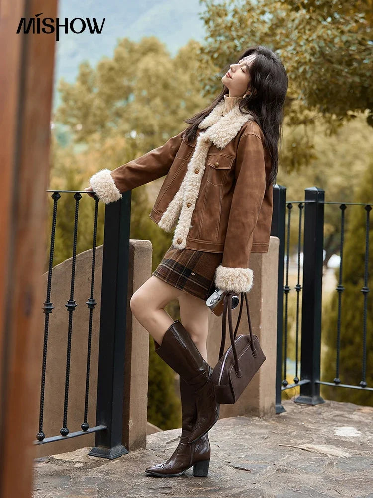 Mishow Leather Fur Lamb Wool Spliced Jacket MXD56W0538