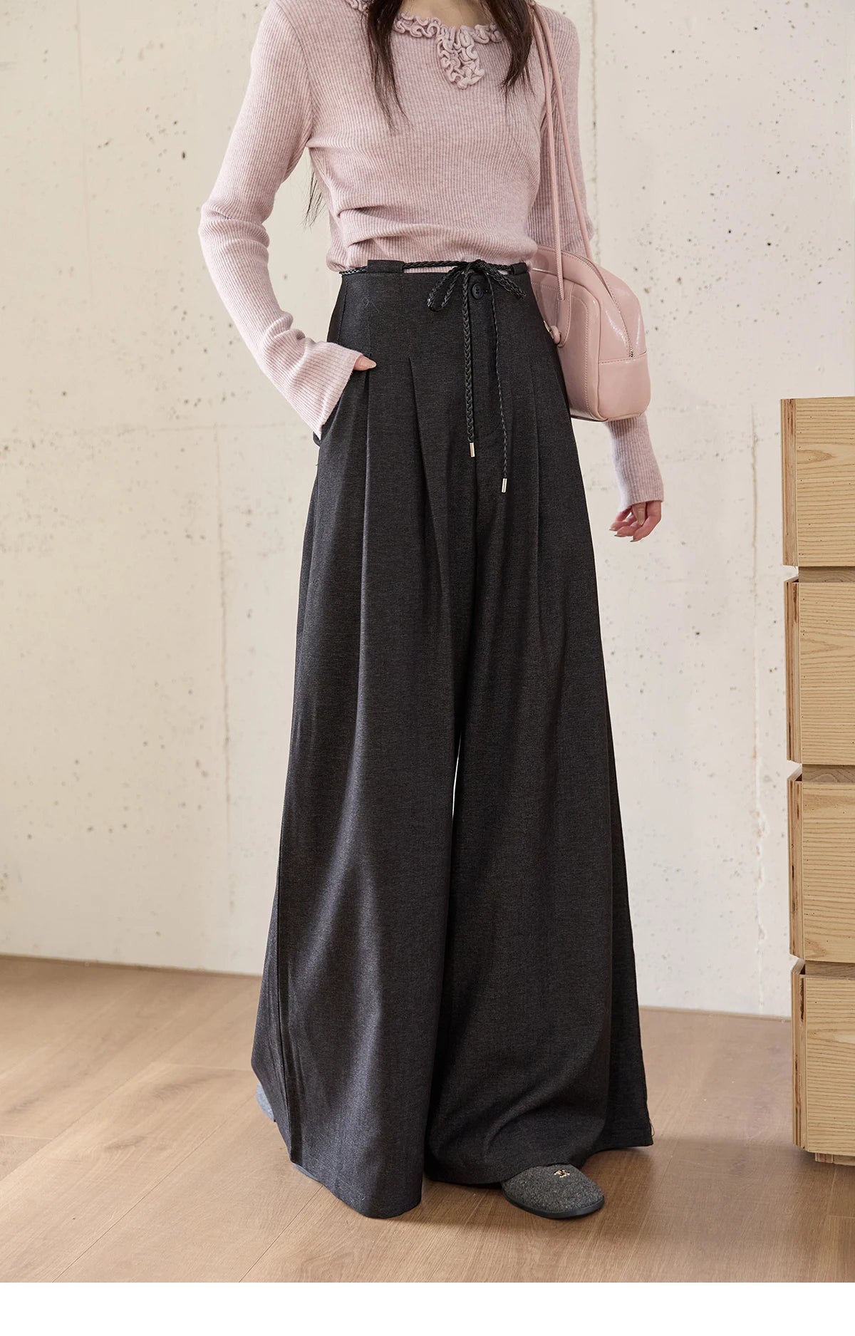 MISHOW Gray Wide-Leg Pants Lace-Up High Waist Slim MXE51K1106