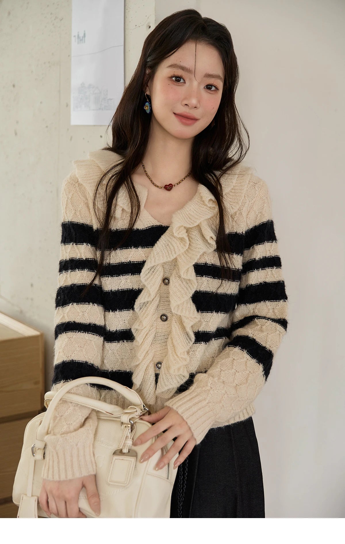 Mishow Striped Asymmetrical Ruffled Cardigan MXE51Z2633
