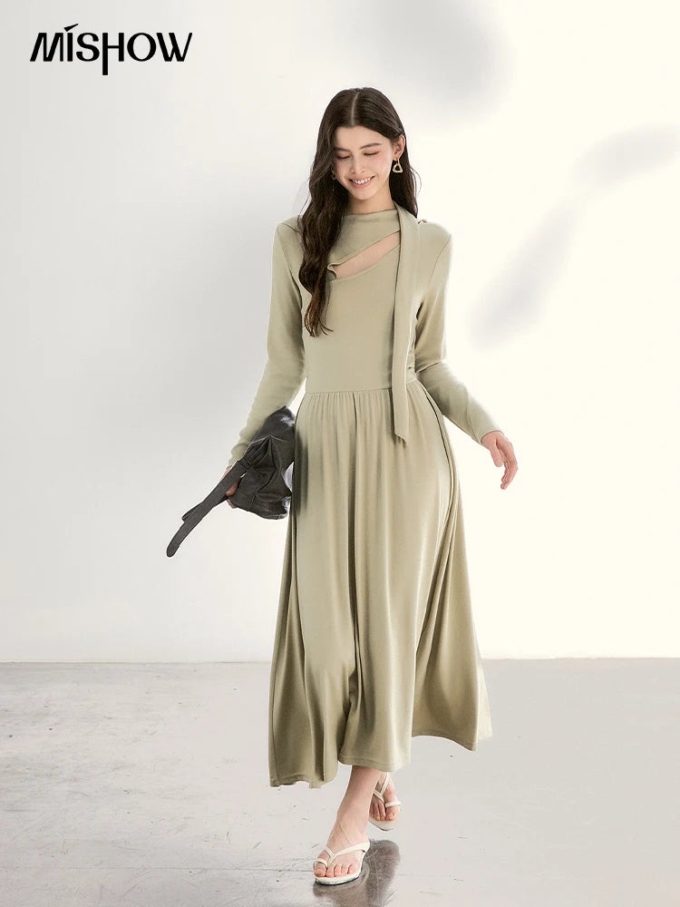 Mishow Light Green Cutout Neck Hollow Ribbon Dress MXF13L2556