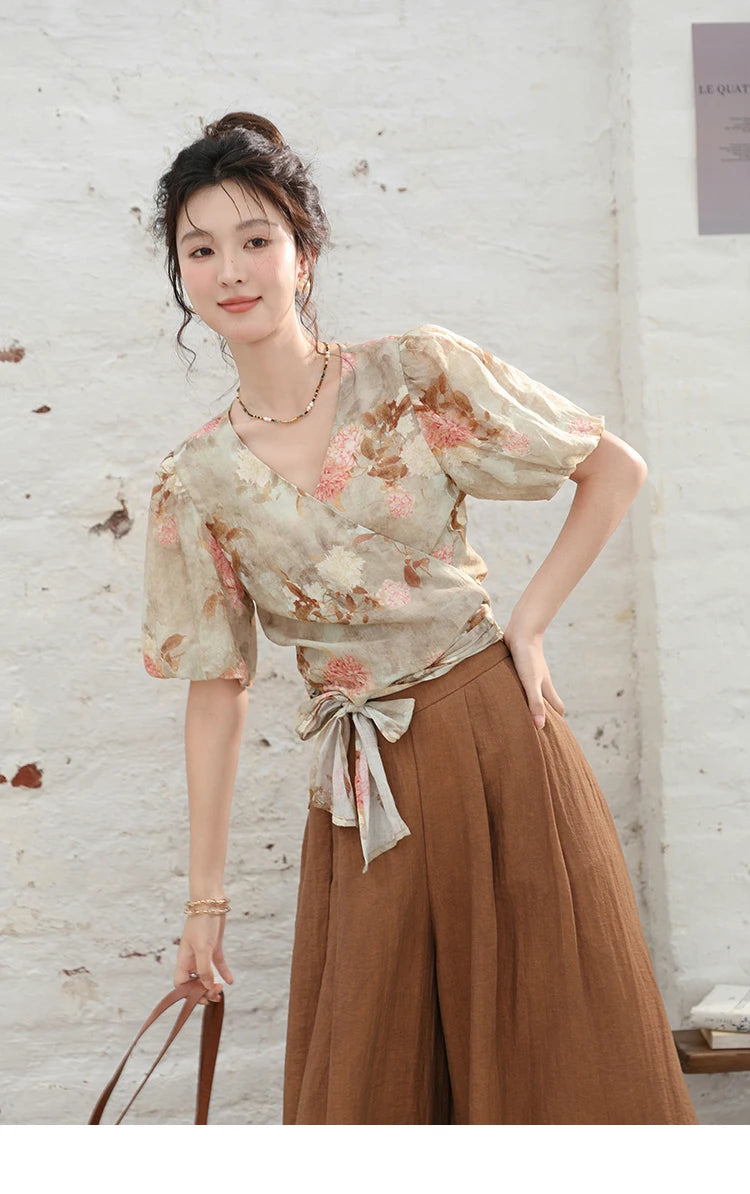 MISHOW French V-Neck Floral Puff Sleeve Blouse MXD28X1619
