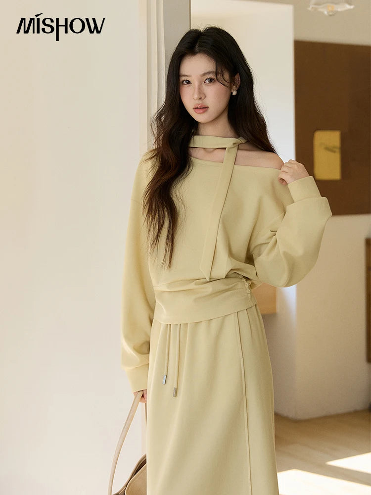 Mishow Light Yellow Off-Shoulder Top & Rear Fork Midi Skirt Set MXE11T1489