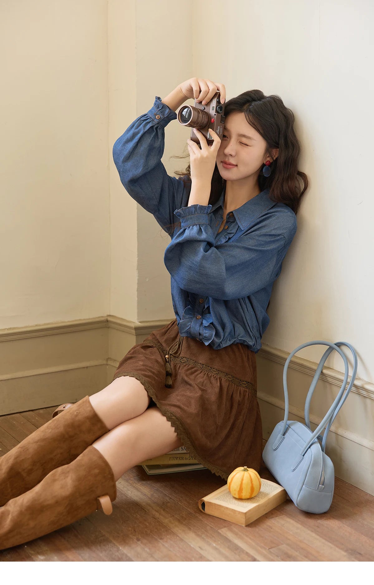 MISHOW Blue Lyocell Denim Shirt Ruffled Placket Waist Cinc MXE43C2386
