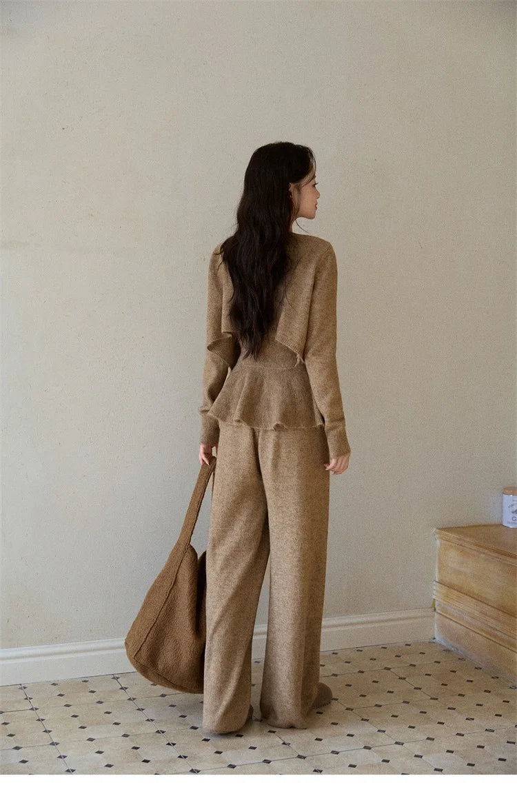 Mishow Khaki Knitted Three-Dimensional Floral Camisole Cardigan & Wide Leg Pants Three-Piece Set MXE87T1449