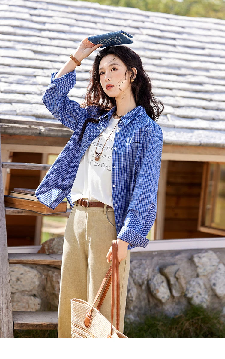 MISHOW Retro Blue Checkered Shirt Lapel Cotton Loose MXE11C0398