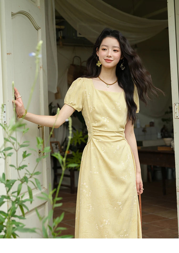 Mishow Square Neck Puff Sleeve Bamboo Jacquard Dress MXE39L2415