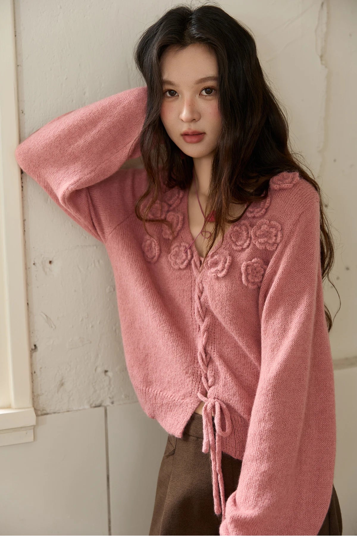 Mishow Pink 3D Rose V-Neck Loose Pullover MXE88Z2708