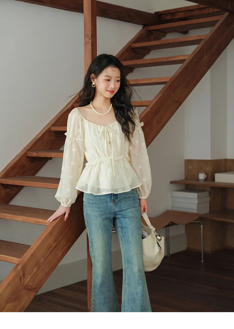 MISHOW Cashew Flower Embroidered Blouse V-Neck Lace Up Puff Sleeve MXE41X1945