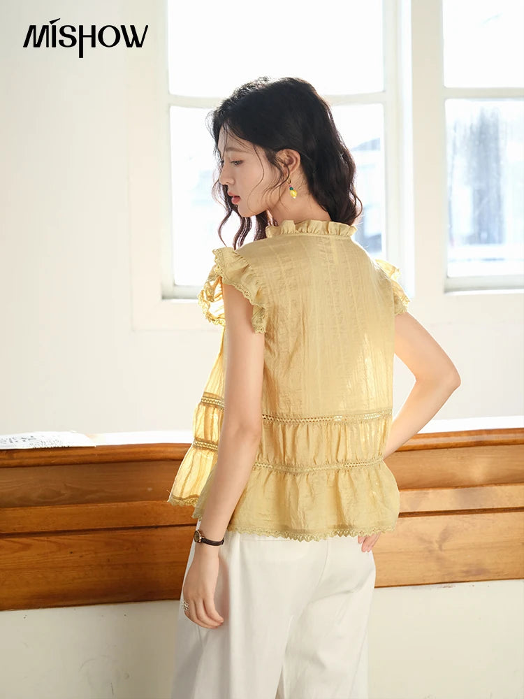 MISHOW Wood Ear V-Neck Shirt Flying Sleeve Wrinkle Spliced MXE37X1908
