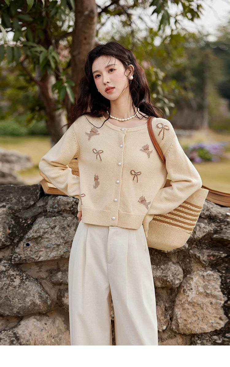 Mishow Yellow Dog Bow Jacquard Pearl Button Sweater MXE13Z1197