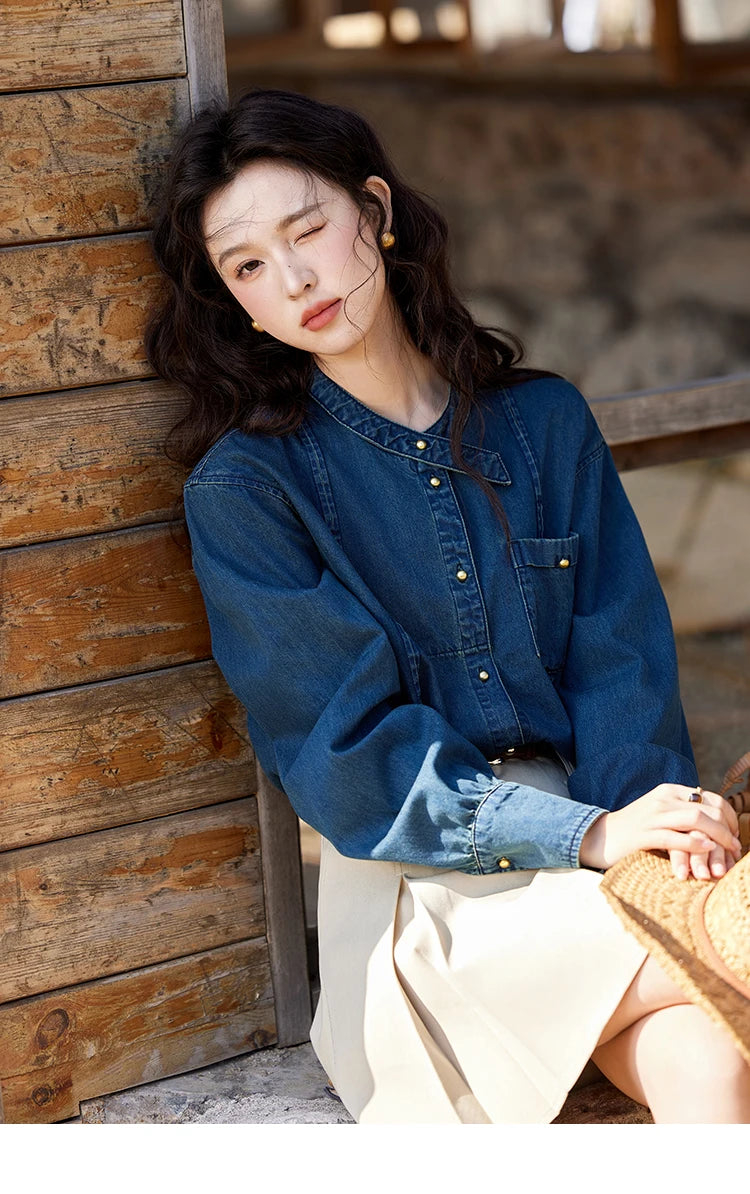 MISHOW 100% Cotton Denim Shirt O-Neck Loose Fit MXE12C0384