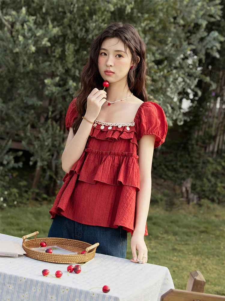 MISHOW Square Collar Puff Sleeve Tiered Blouse MXE33X1763