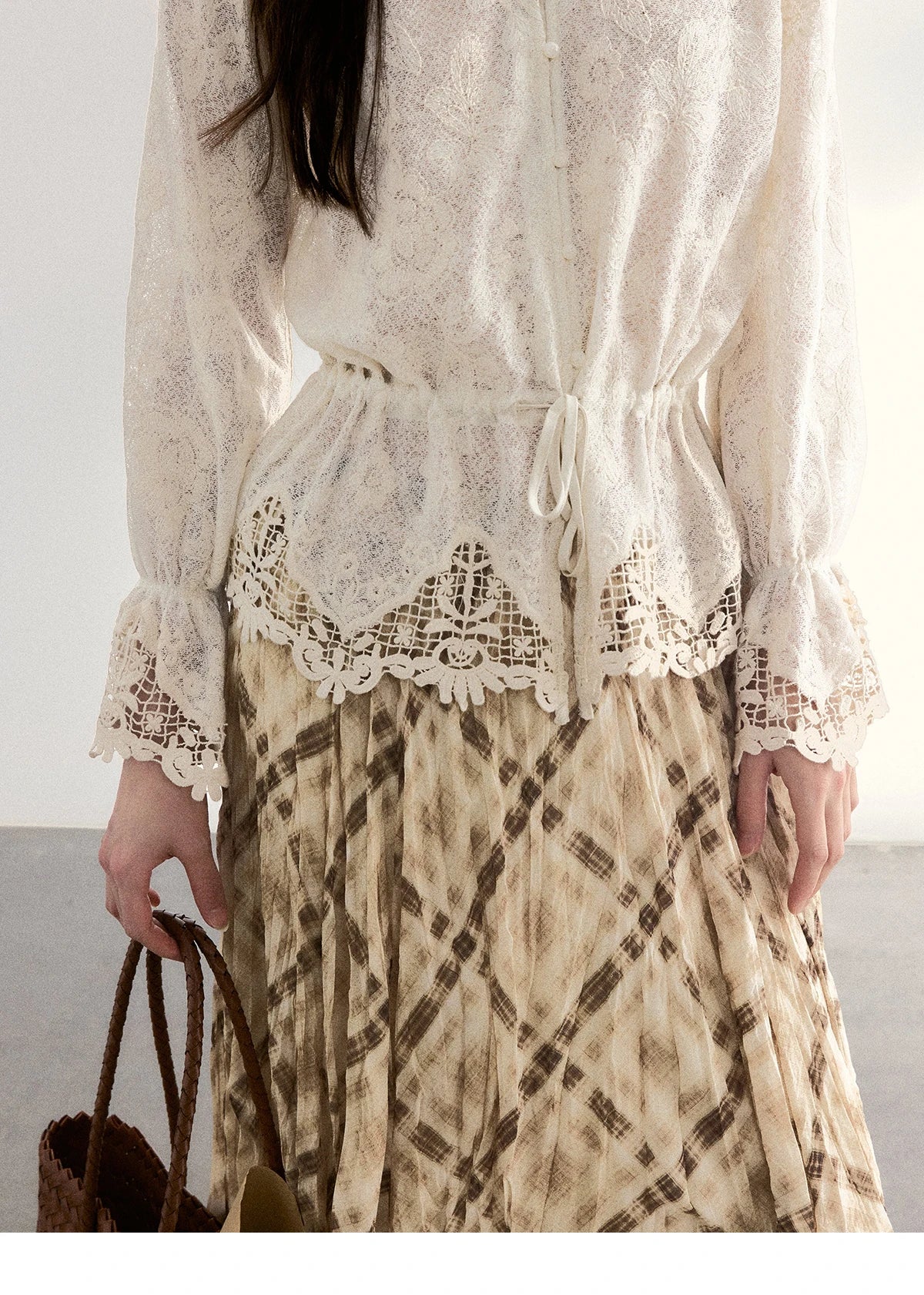 MISHOW Lace V-Neck Blouse Drawstring Waist Ruffled Hem MXF108X0998