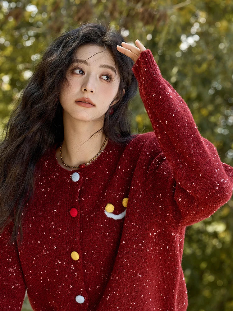Mishow Smile Embroidery Contrast Color Wool Cardigan MXD35Z0988