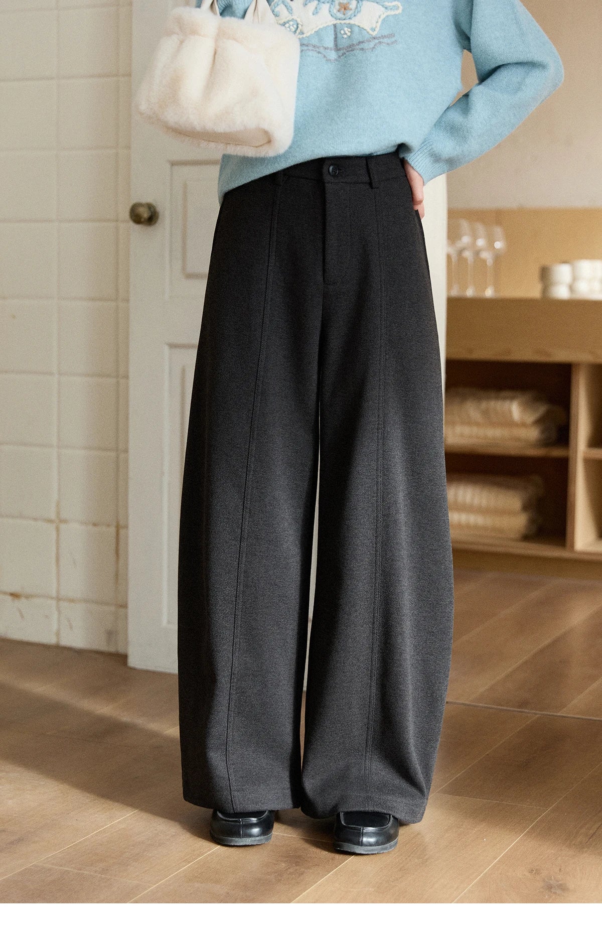 MISHOW Gray Woolen Wide-Leg Pants High Waist Draped Elastic MXE93K1143