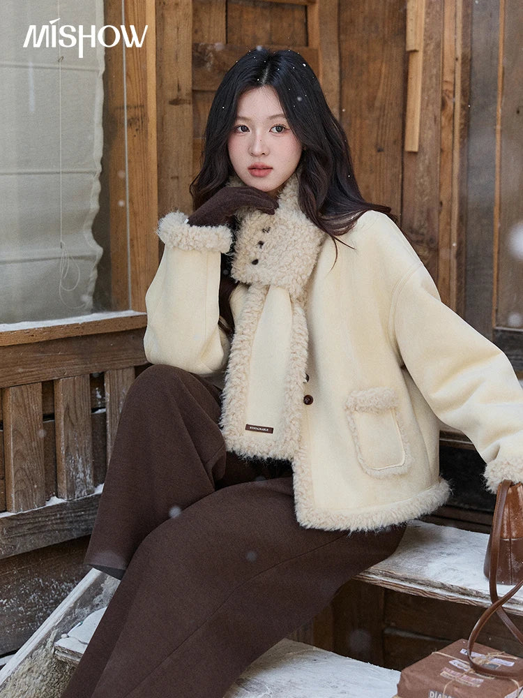 Mishow Cream Yellow Faux Suede Coat with Matching Scarf MXE91W1019