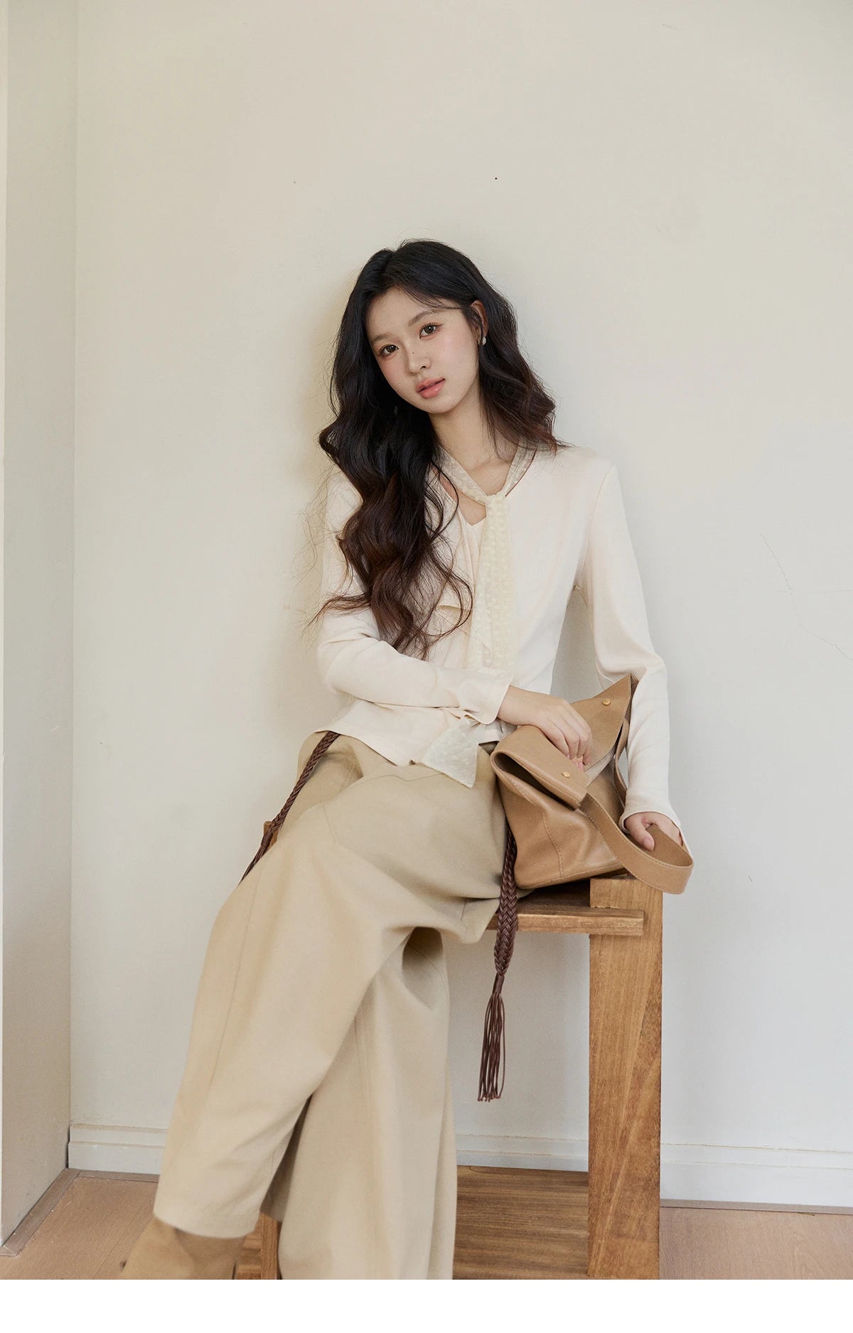 Mishow V-Neck Lace Ribbon Flare Sleeve Top MXF108Z1016