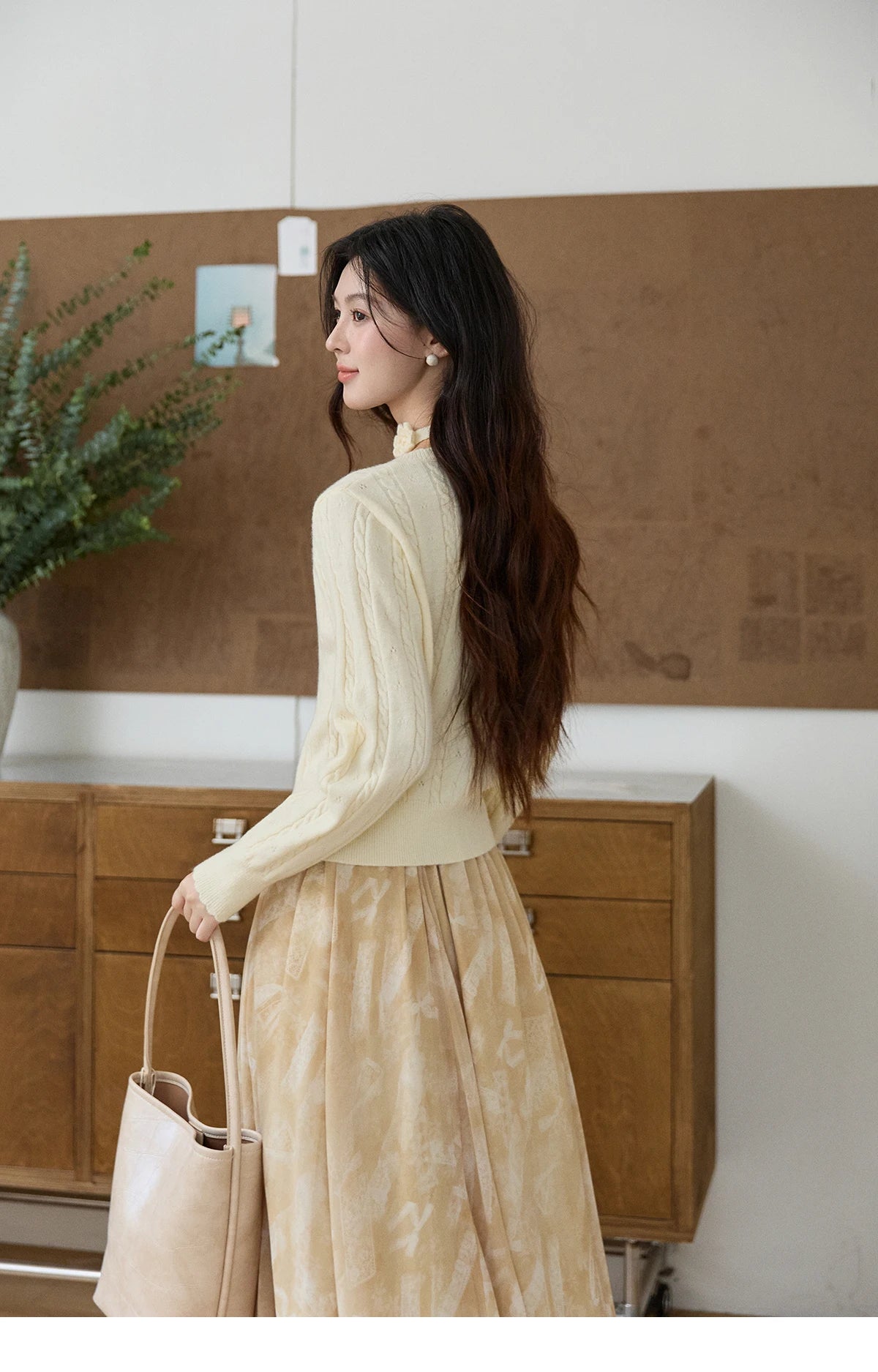 Mishow Beige Cable Knit Square Neck Cardigan MXF11Z2903